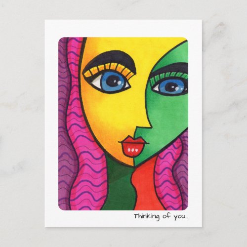 Thinking Of You Colorful Abstract Girl Face Postcard