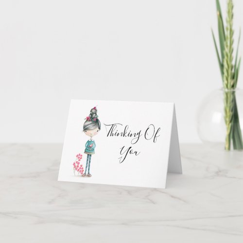 Thinking of You Cute Boho Girl With Bird Card