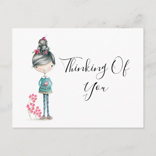 Thinking of You Cute Boho Girl With Bird Postcard