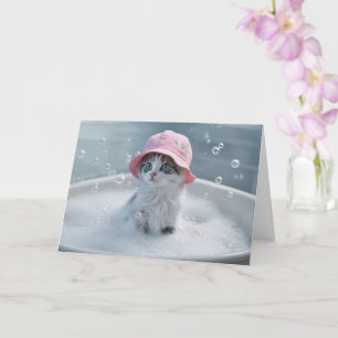 Thinking of You Cute Cat Kitten in a Bubble Bath Card
