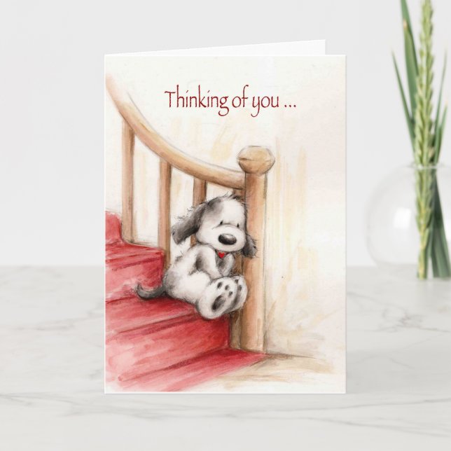 Thinking of you, cute dog waiting on stairs card (Front)