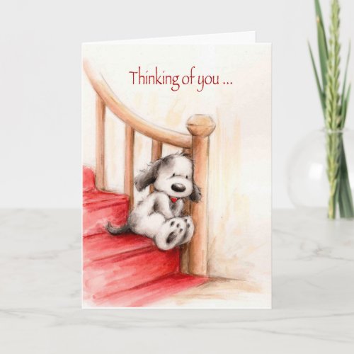 Thinking of you cute dog waiting on stairs card