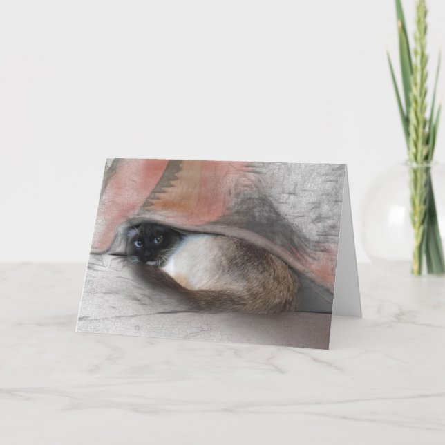 Thinking of You Cute Siamese and Blanket Sketch Card (Front)