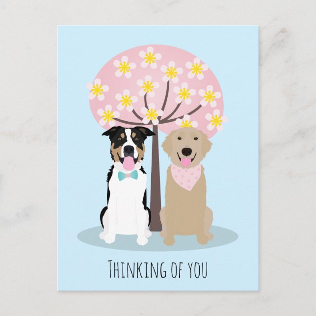 Thinking Of You Dogs By Cherry Blossom Tree Postcard (Front)