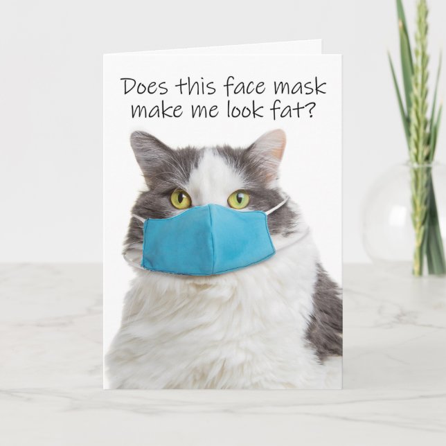 Thinking of You Fat Cat in Face Mask Humor Holiday Card (Front)