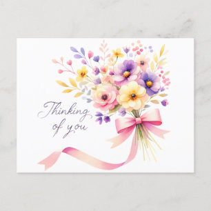 "Thinking of You" Floral Bouquet Pink Ribbon Postcard