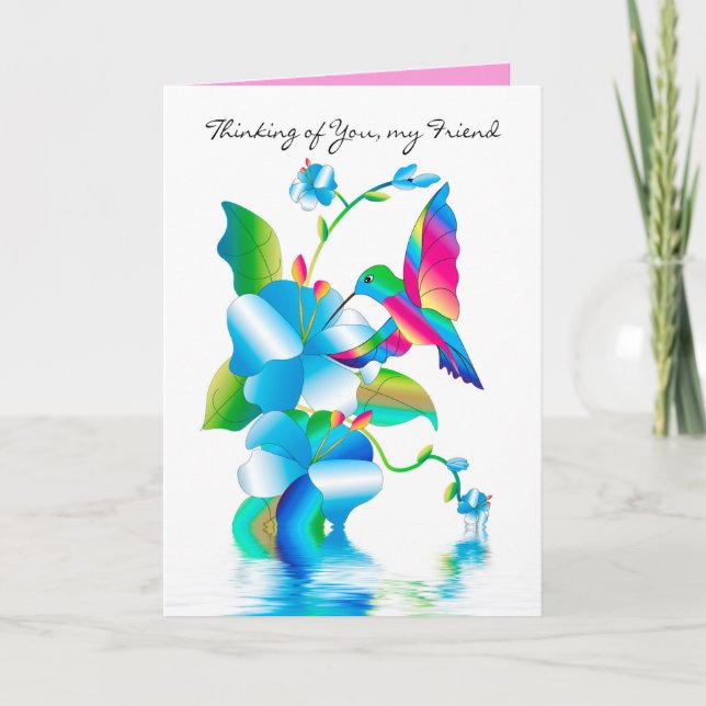 Thinking of You Friend Hummingbird & Flowers  Card (Front)