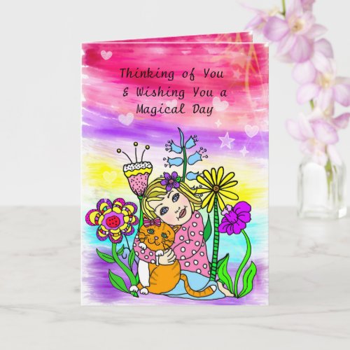 Thinking of You Friendship Whimsical Cat and Girl  Card