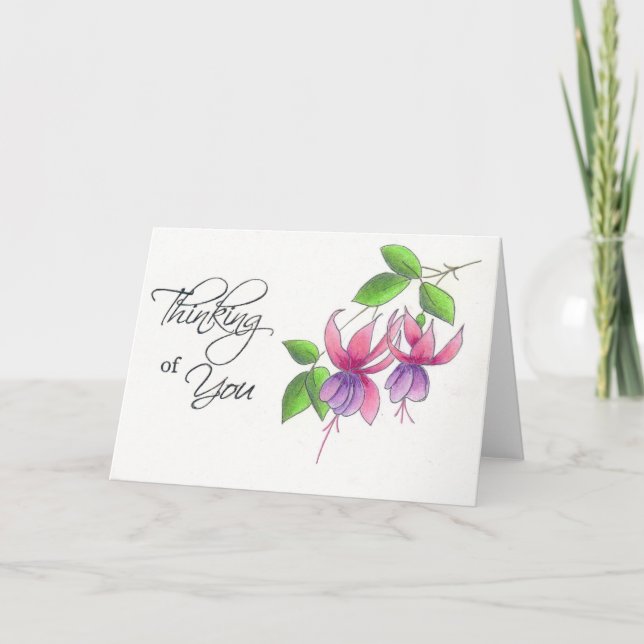 Thinking of you fushia flowers in watercolor penci card (Front)