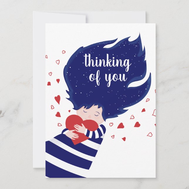 Thinking of You Girl Holding Red Heart Holiday Card (Front)