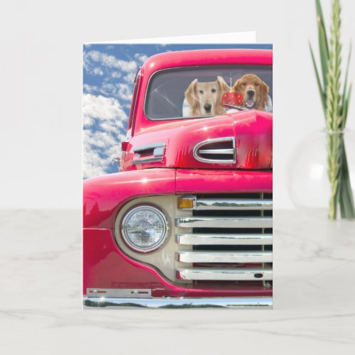 thinking of you Golden Retrievers in vintage truck Card