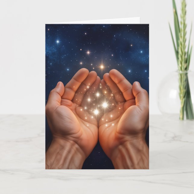 Thinking of You Hands Holding Night Stars Card (Front)
