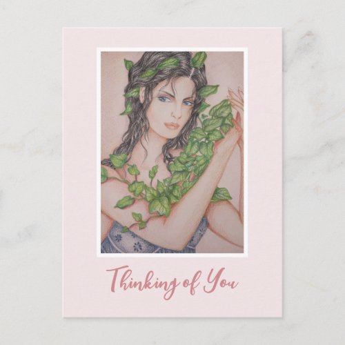 Thinking of You Ivy Bride Girl Pencil Illustration Postcard