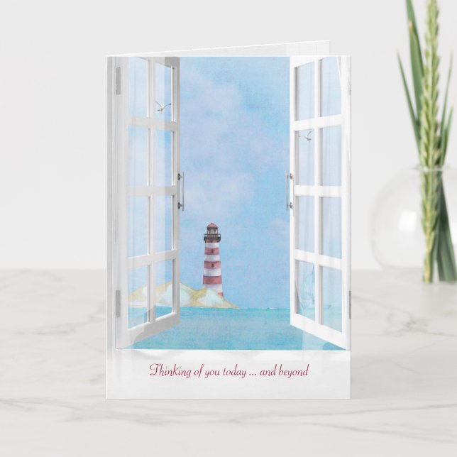 thinking of you lighthouse in window watercolor card (Front)