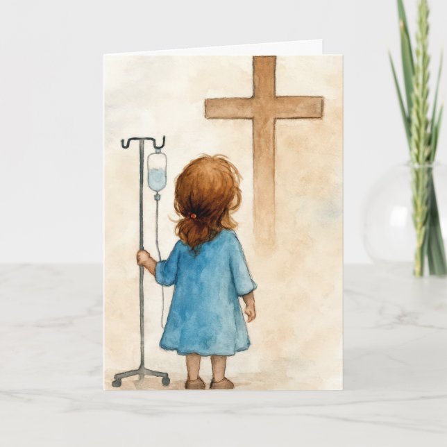 Thinking of You Little Girl Holding an IV Pole Card (Front)