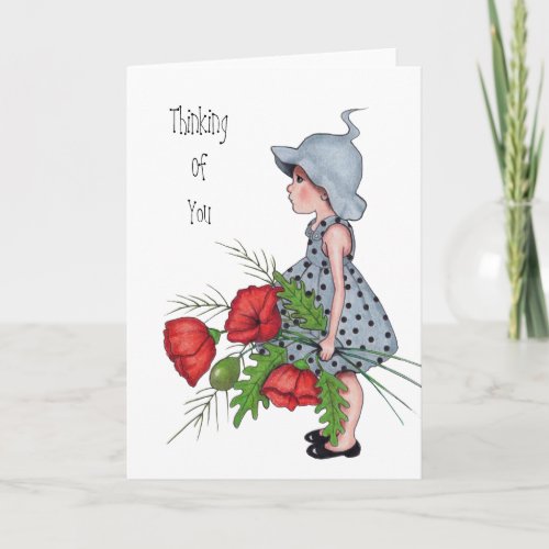 Thinking of You Little Girl with Flowers Art Card