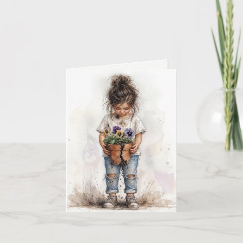 Thinking of you Little Girl with Pansies Card
