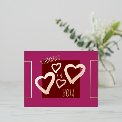 Thinking of You Magenta Maroon Hearts Valentines Foil Holiday Postcard