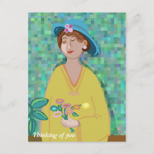 Thinking of you Modern Art Woman in a yellow dress Postcard