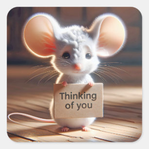 Thinking of You Mouse With Cardboard Sign Square Sticker