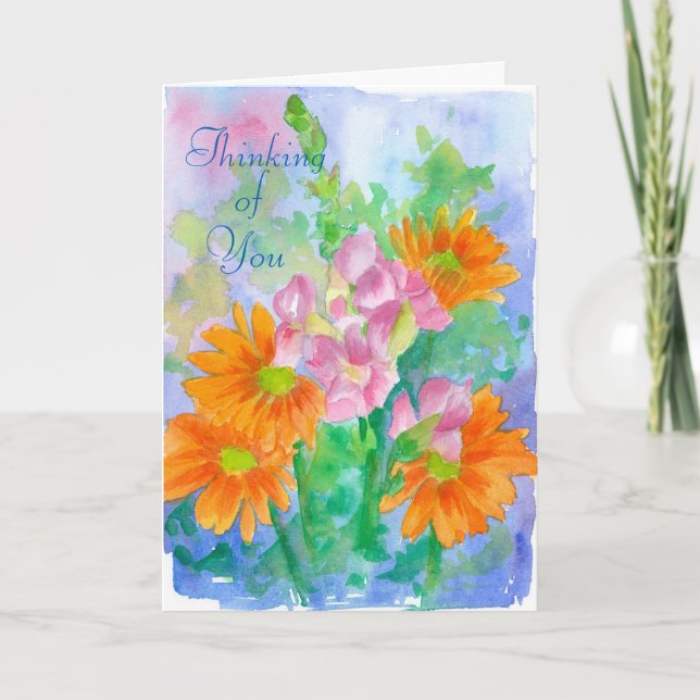 Thinking of You Orange Daisy Watercolor Flowers Card (Front)