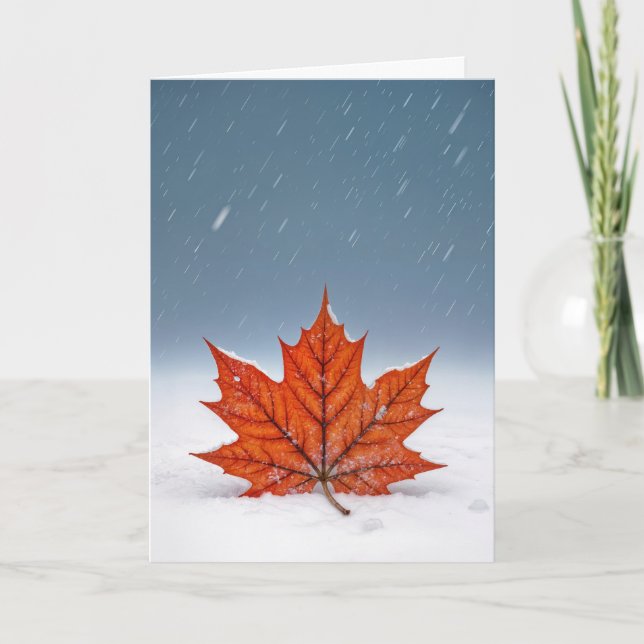 Thinking of You Orange Maple Leaf On Snow  Card (Front)