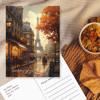 Thinking of you Paris in rainy fall city scene Postcard