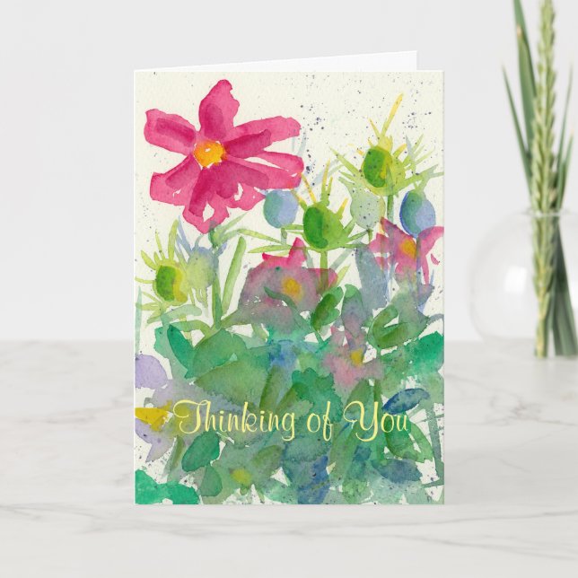 Thinking of You Pink Cosmos Nigella Watercolor Card (Front)