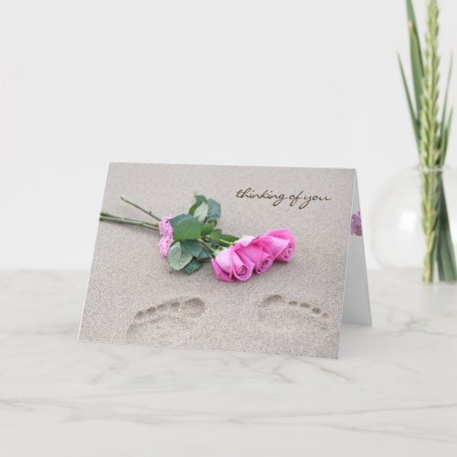 thinking of you_pink rose bouquet and footprints card
