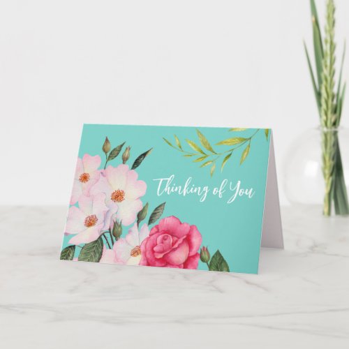 Thinking of You Pink Roses Botanical Painting Card