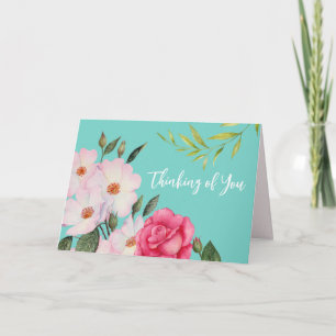Thinking of You Pink Roses Botanical Painting Card