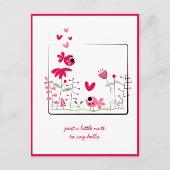 Thinking Of You Pink Whimsical Pink Birds Flowers Postcard by dmboyce at Zazzle