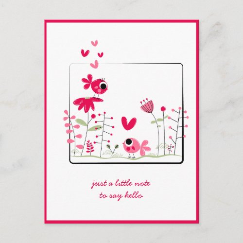 Thinking of You Pink Whimsical Pink Birds Flowers Postcard