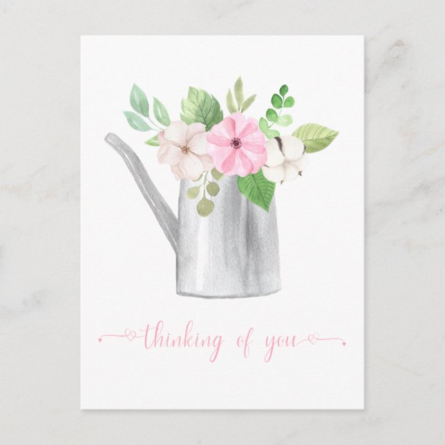 Thinking of You Pink White Flowers in Watering Can Postcard (Front)