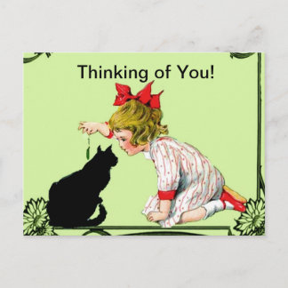 THINKING OF YOU POSTCARD VINTAGE CHILD W CAT ARA