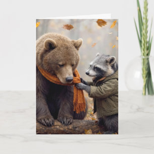 Thinking of You Raccoon Tying a Scarf On a Bear Card