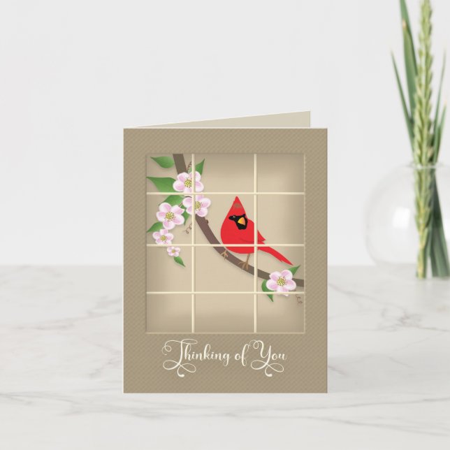 Thinking of you, Red Cardinal/Apple Blossoms Card (Front)
