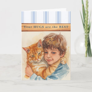 Thinking of You Sending Hugs Boy and Cat Card