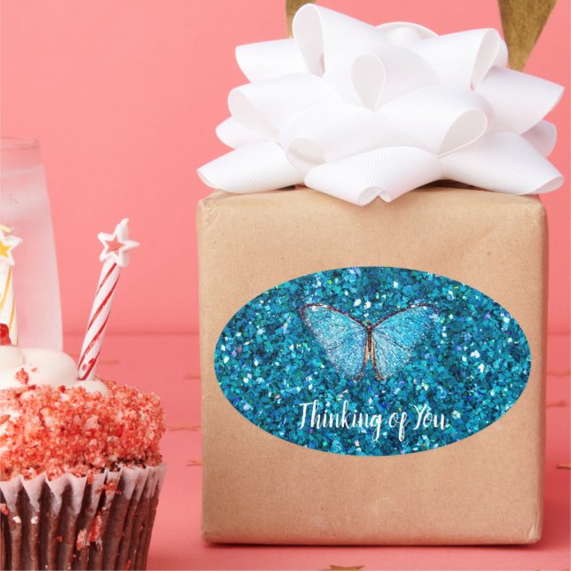 Thinking of You, Shiny Blue, Oval Sticker (Party)