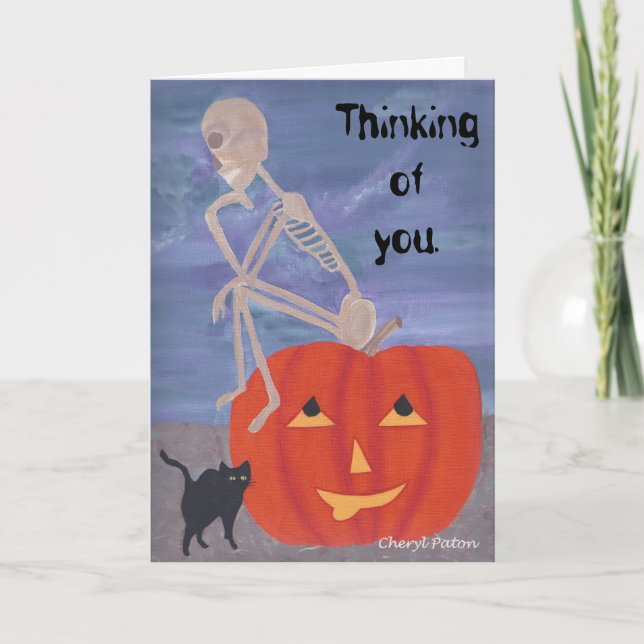 Thinking of you Skeleton Pumpkin Halloween Cards (Front)