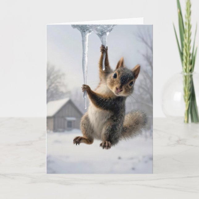 Thinking of You Squirrel Hanging From an Icicle Card (Front)