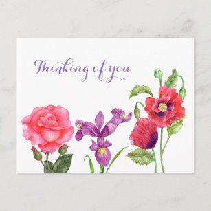 Thinking of You Summer Flowers Watercolor Postcard