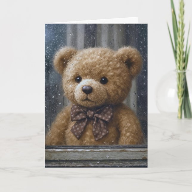Thinking of You Teddy Bear In Rainy Window Card (Front)