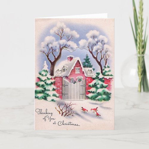 Thinking Of You Vintage Christmas Winter Cottage Holiday Card