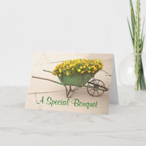 Thinking of You Vintage Wheelbarrow of Marigolds  Card