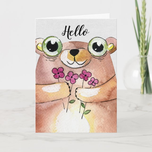 thinking of you-watercolor bear with bouquet card (Front)