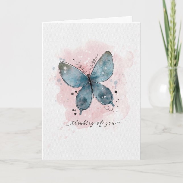 Thinking of You Watercolor Blue Butterfly Card (Front)