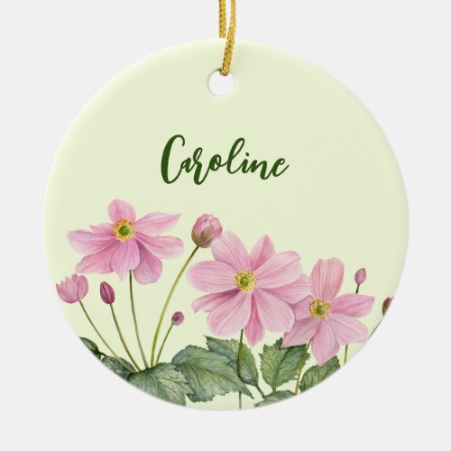 Thinking of You Watercolor Pink Japanese Anemone Ceramic Ornament