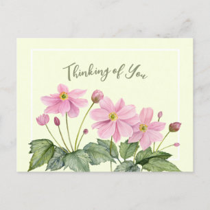 Thinking of You Watercolor Pink Japanese Anemone Postcard