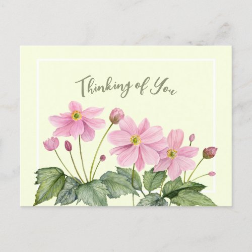 Thinking of You Watercolor Pink Japanese Anemone Postcard